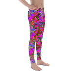 Colorful Men's Leggings, Trippy Garden Quilt Painting with Lime Green Hydrangea