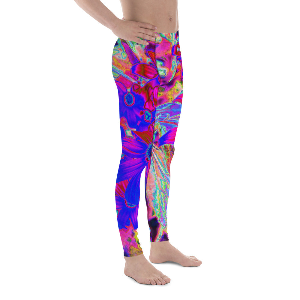 Colorful Men's Leggings, Psychedelic Retro Crimson and Magenta Wildflowers