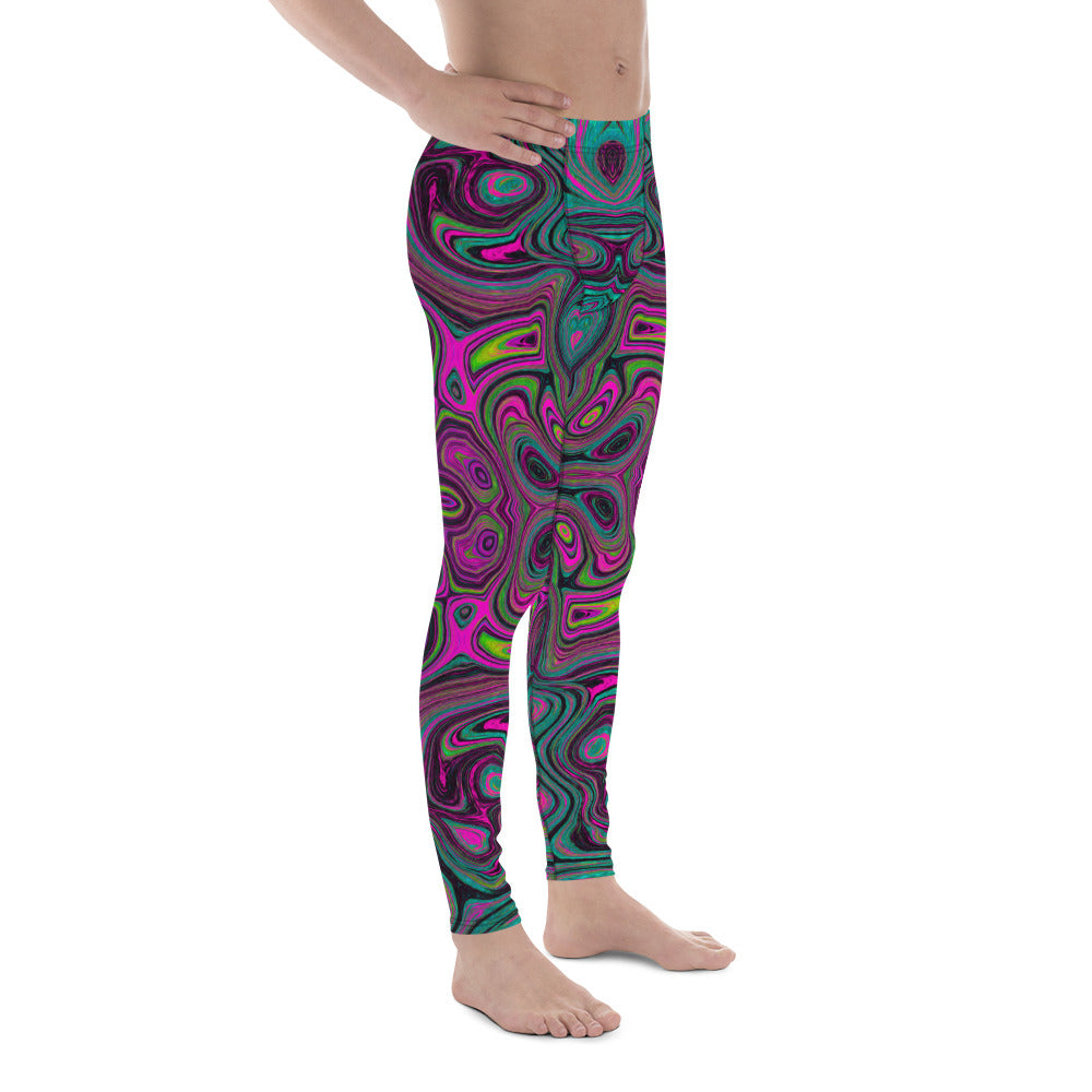 Colorful Men's Leggings, Abstract Magenta and Teal Blue Groovy Retro Pattern