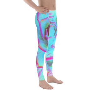 Colorful Men's Leggings, Hot Pink and Blue Succulent Sedum Rosette