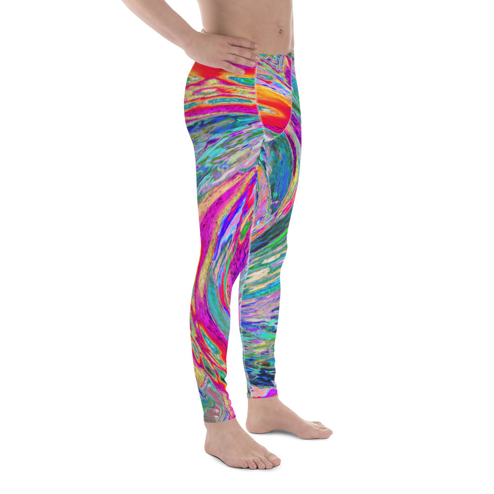 Colorful Men's Leggings, Abstract Floral Psychedelic Rainbow Waves of Color