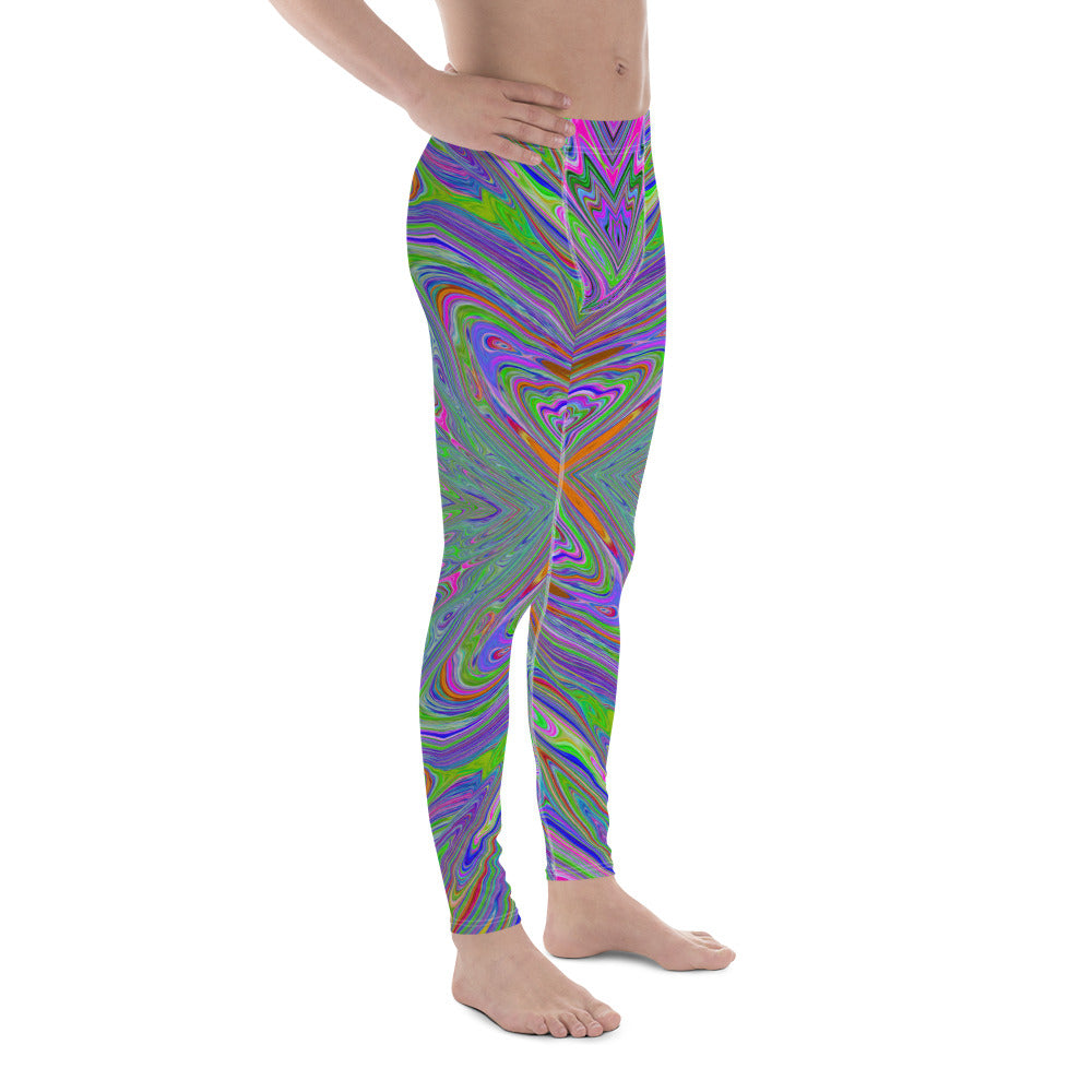Colorful Men's Leggings, Abstract Trippy Purple, Orange and Lime Green Butterfly