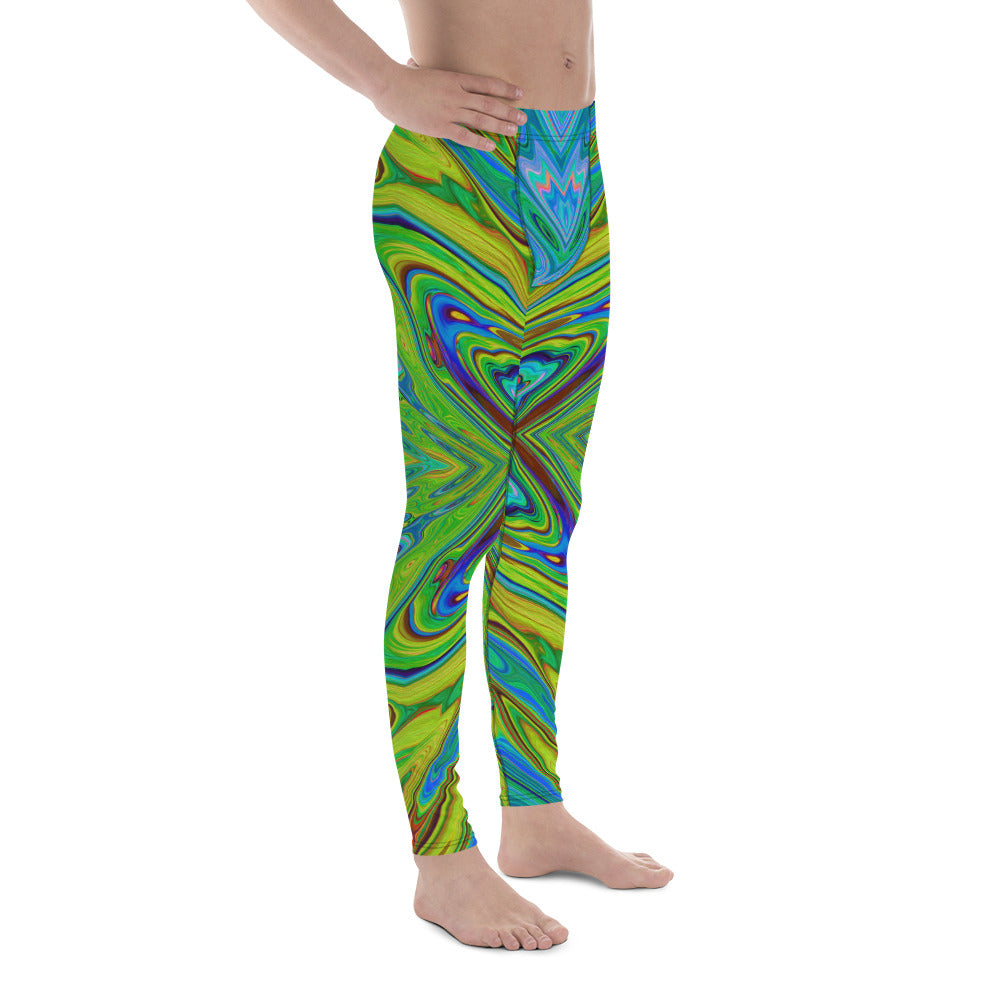 Men's Leggings, Trippy Chartreuse and Blue Abstract Butterfly