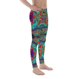 Men's Leggings, Wavy Sea Foam Green and Red Trippy Pattern
