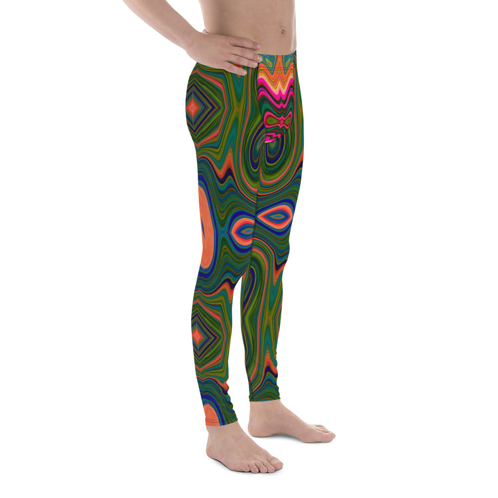 Men's Leggings, Retro Abstract Blue, Green and Orange Pattern