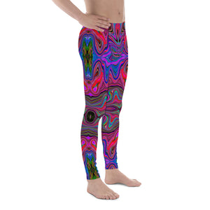 Men's Leggings, Wavy Blue and Rainbow Red Trippy Pattern