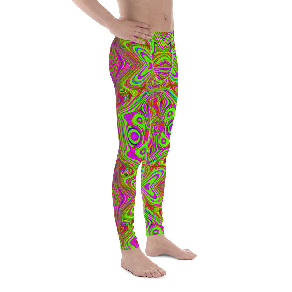 Men's Leggings, Trippy Retro Chartreuse Magenta Abstract Pattern