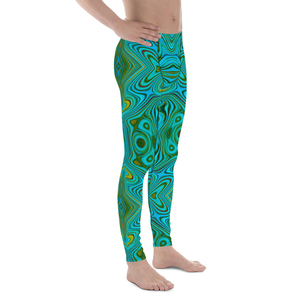 Men's Leggings, Trippy Retro Turquoise Chartreuse Abstract Pattern