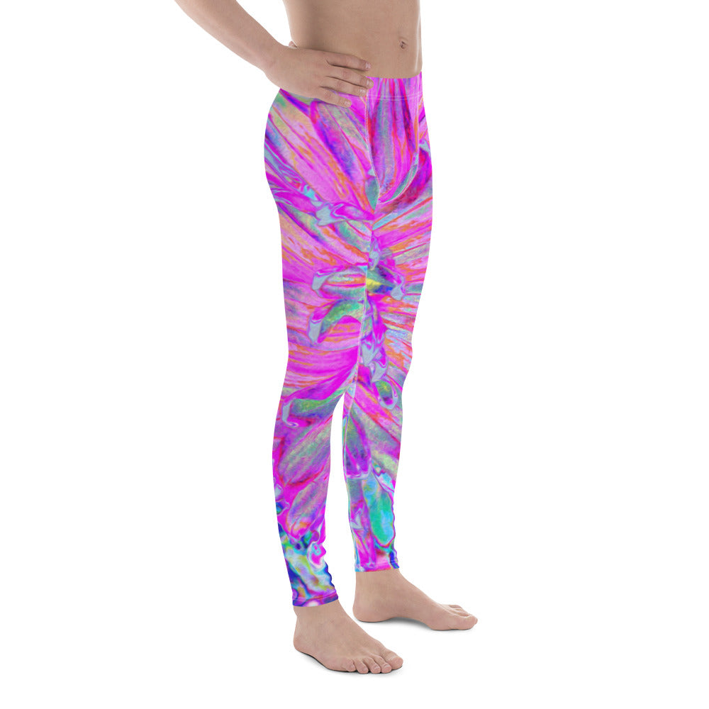 Men's Leggings, Cool Pink Blue and Purple Artsy Dahlia Bloom