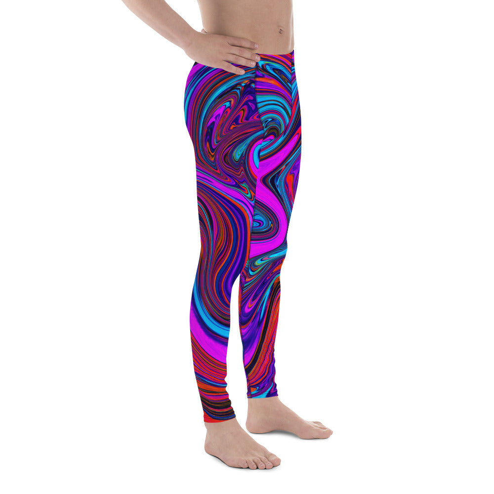 Men's Leggings, Marbled Magenta, Blue and Red Abstract Art