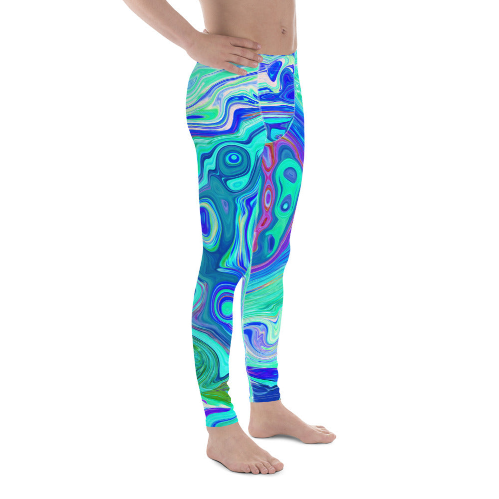 Men's Leggings, Groovy Abstract Ocean Blue and Green Liquid Swirl