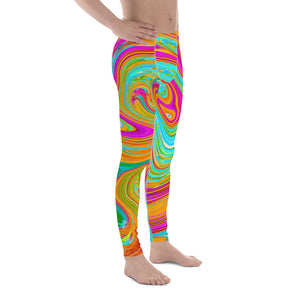 Men's Leggings, Blue, Orange and Hot Pink Groovy Abstract Retro Art