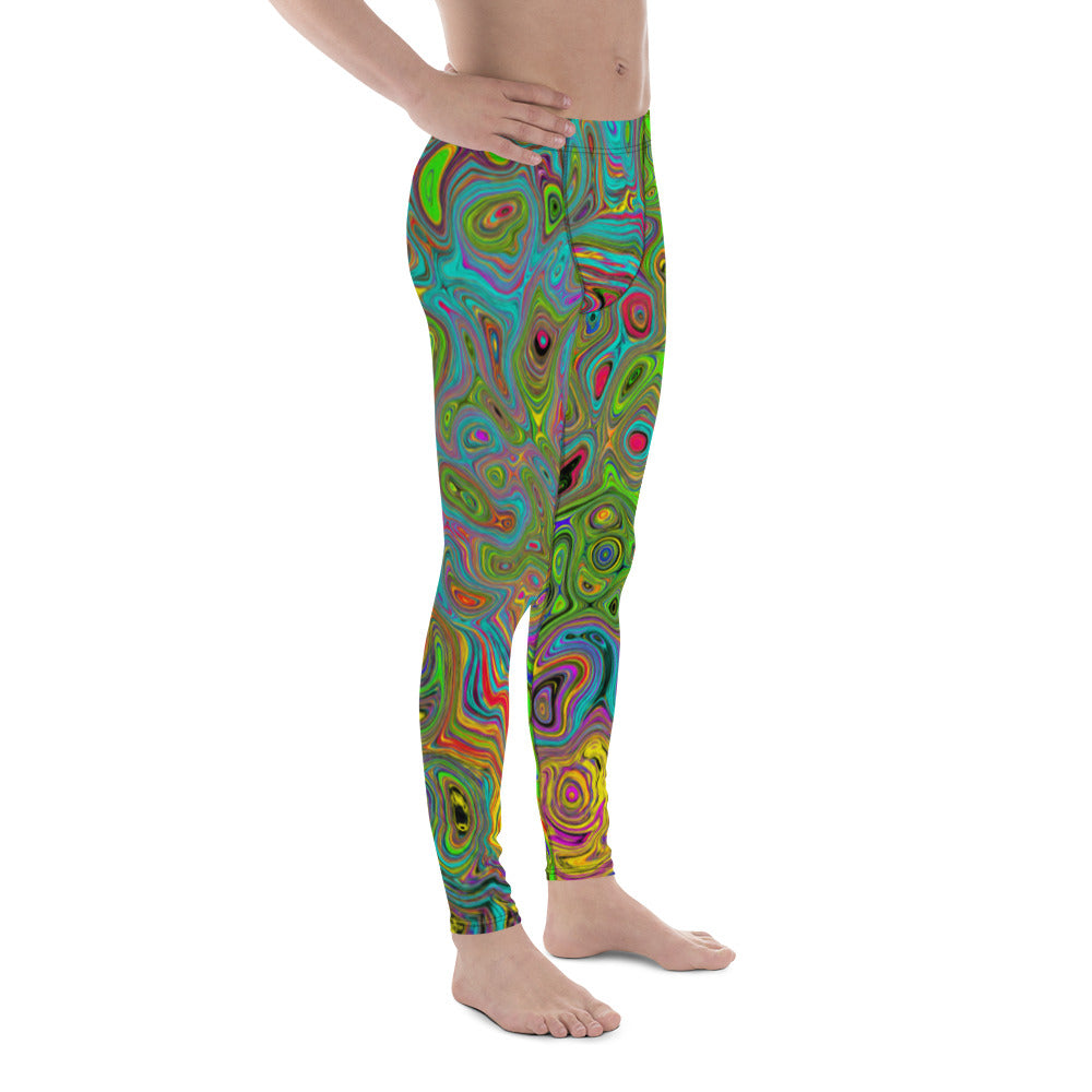 Men's Leggings, Groovy Abstract Retro Lime Green and Blue Swirl