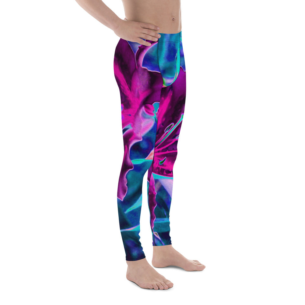 Men's Leggings, Purple and Hot Pink Abstract Oriental Lily Flowers