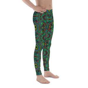 Men's Leggings, Trippy Retro Black and Lime Green Abstract Pattern