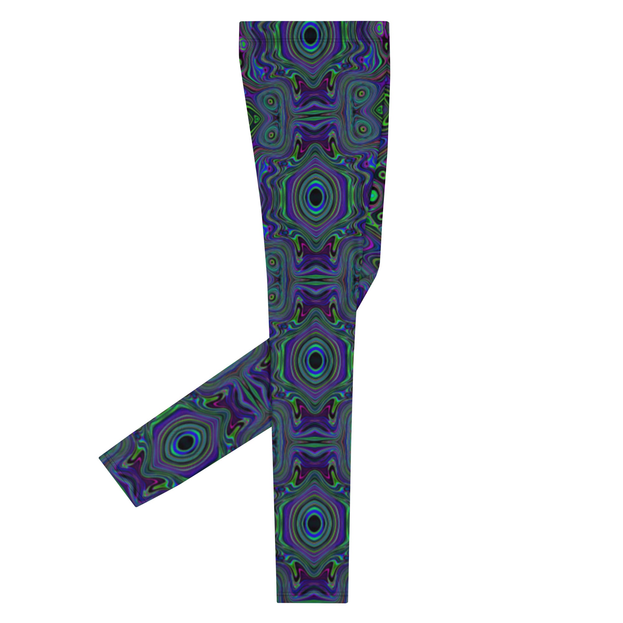 Men's Leggings, Trippy Retro Royal Blue and Lime Green Abstract
