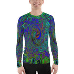 Men's Athletic Rash Guard Shirts, Marbled Blue and Aquamarine Abstract Retro Swirl