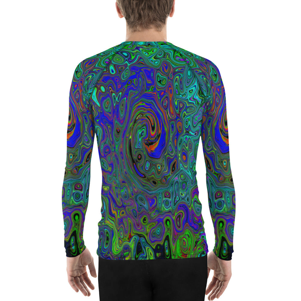 Men's Athletic Rash Guard Shirts, Marbled Blue and Aquamarine Abstract Retro Swirl