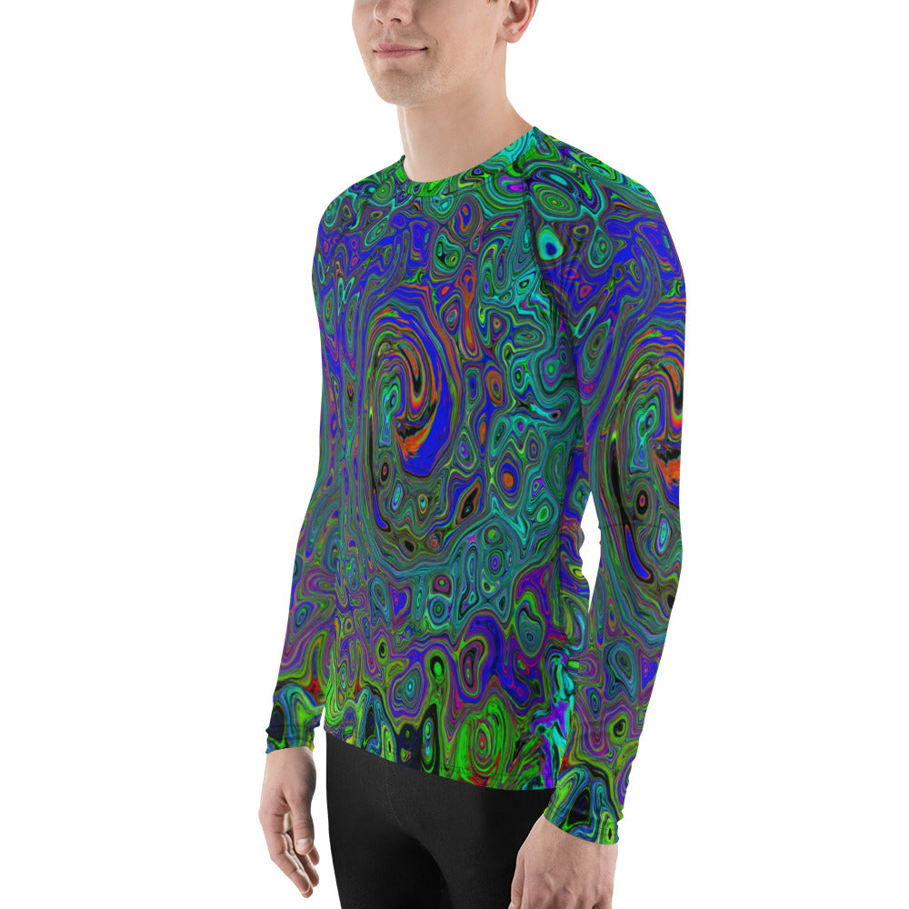 Men's Athletic Rash Guard Shirts, Marbled Blue and Aquamarine Abstract Retro Swirl