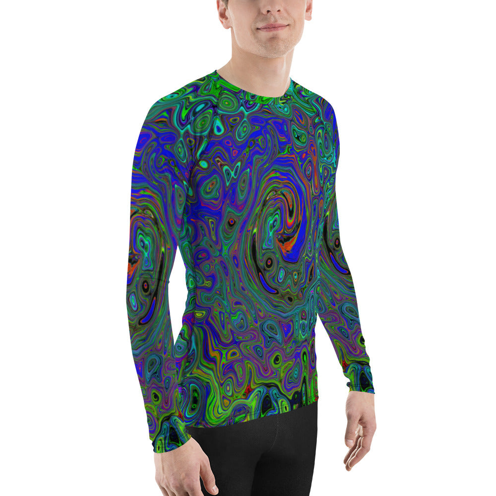 Men's Athletic Rash Guard Shirts, Marbled Blue and Aquamarine Abstract Retro Swirl