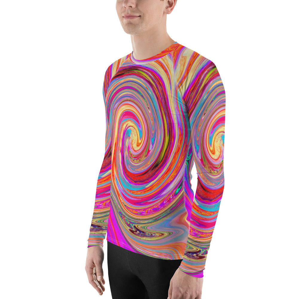 Men's Athletic Rash Guard Shirts, Colorful Rainbow Swirl Retro Abstract Design