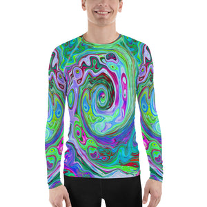 Men's Athletic Rash Guard Shirts, Retro Green, Red and Magenta Abstract Groovy Swirl