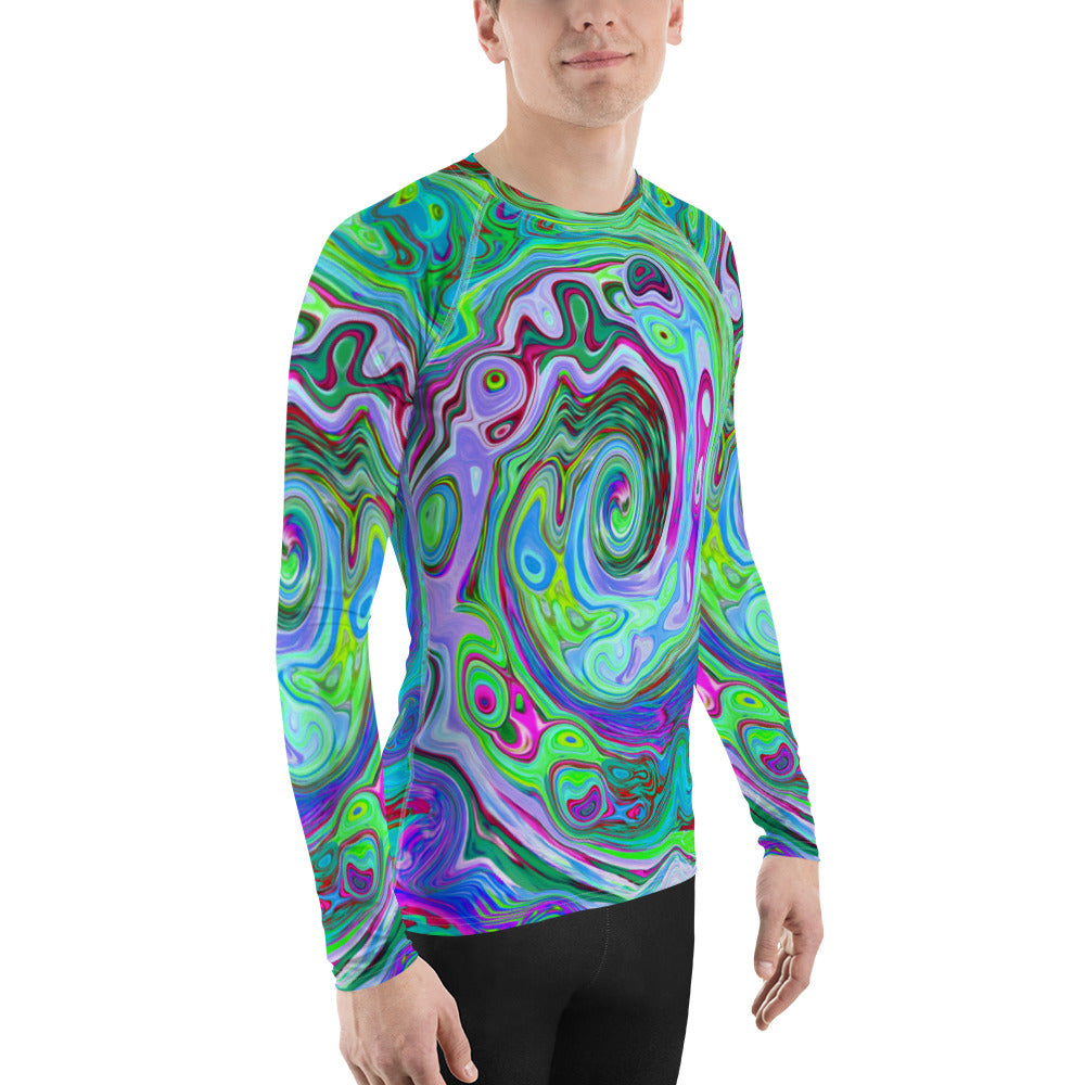 Men's Athletic Rash Guard Shirts, Retro Green, Red and Magenta Abstract Groovy Swirl