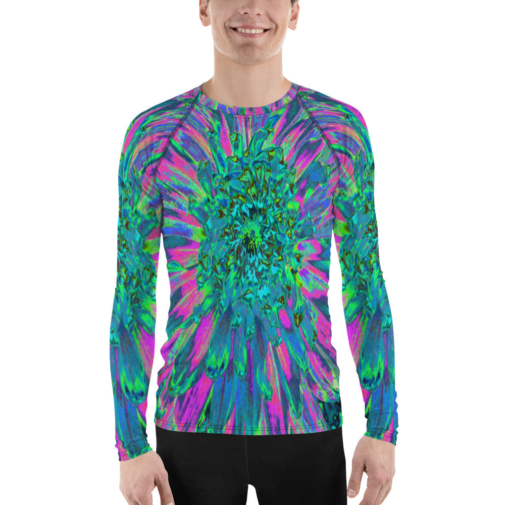 Men's Athletic Rash Guard Shirts, Psychedelic Magenta, Aqua and Lime Green Dahlia