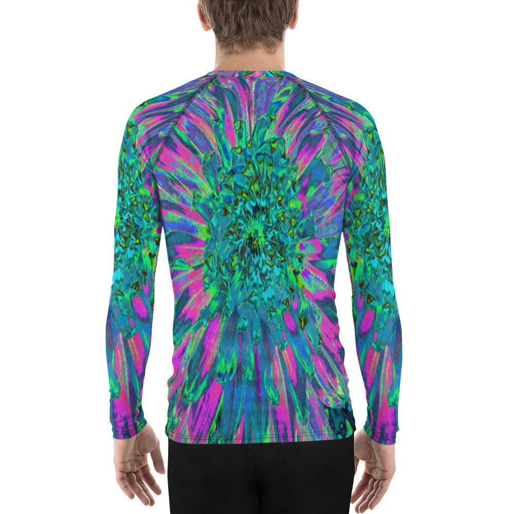 Men's Athletic Rash Guard Shirts, Psychedelic Magenta, Aqua and Lime Green Dahlia