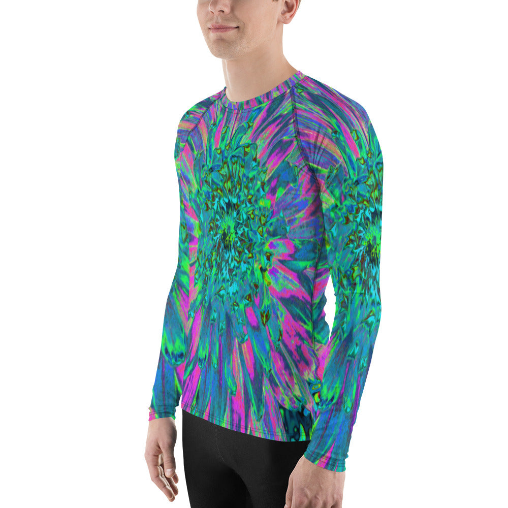 Men's Athletic Rash Guard Shirts, Psychedelic Magenta, Aqua and Lime Green Dahlia