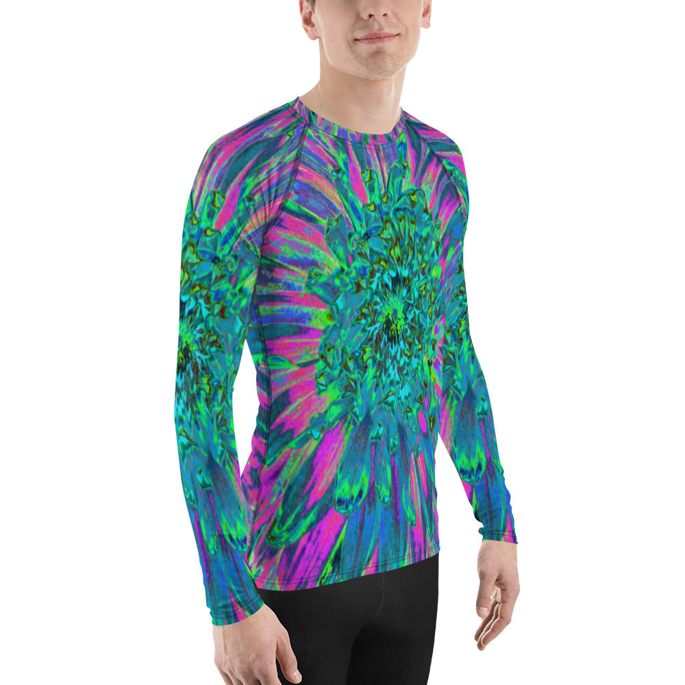 Men's Athletic Rash Guard Shirts, Psychedelic Magenta, Aqua and Lime Green Dahlia