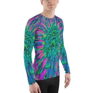 Men's Athletic Rash Guard Shirts, Psychedelic Magenta, Aqua and Lime Green Dahlia