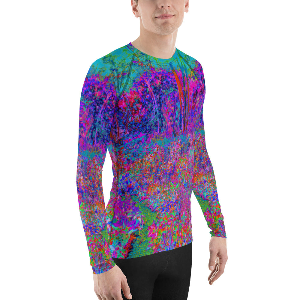 Men's Athletic Rash Guard Shirts, Psychedelic Magenta Rainbow Garden Landscape