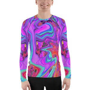 Men's Athletic Rash Guard Shirts, Retro Purple, Blue and Orange Abstract Liquid Art