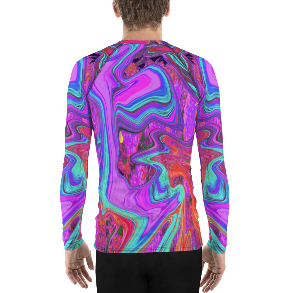 Men's Athletic Rash Guard Shirts, Retro Purple, Blue and Orange Abstract Liquid Art