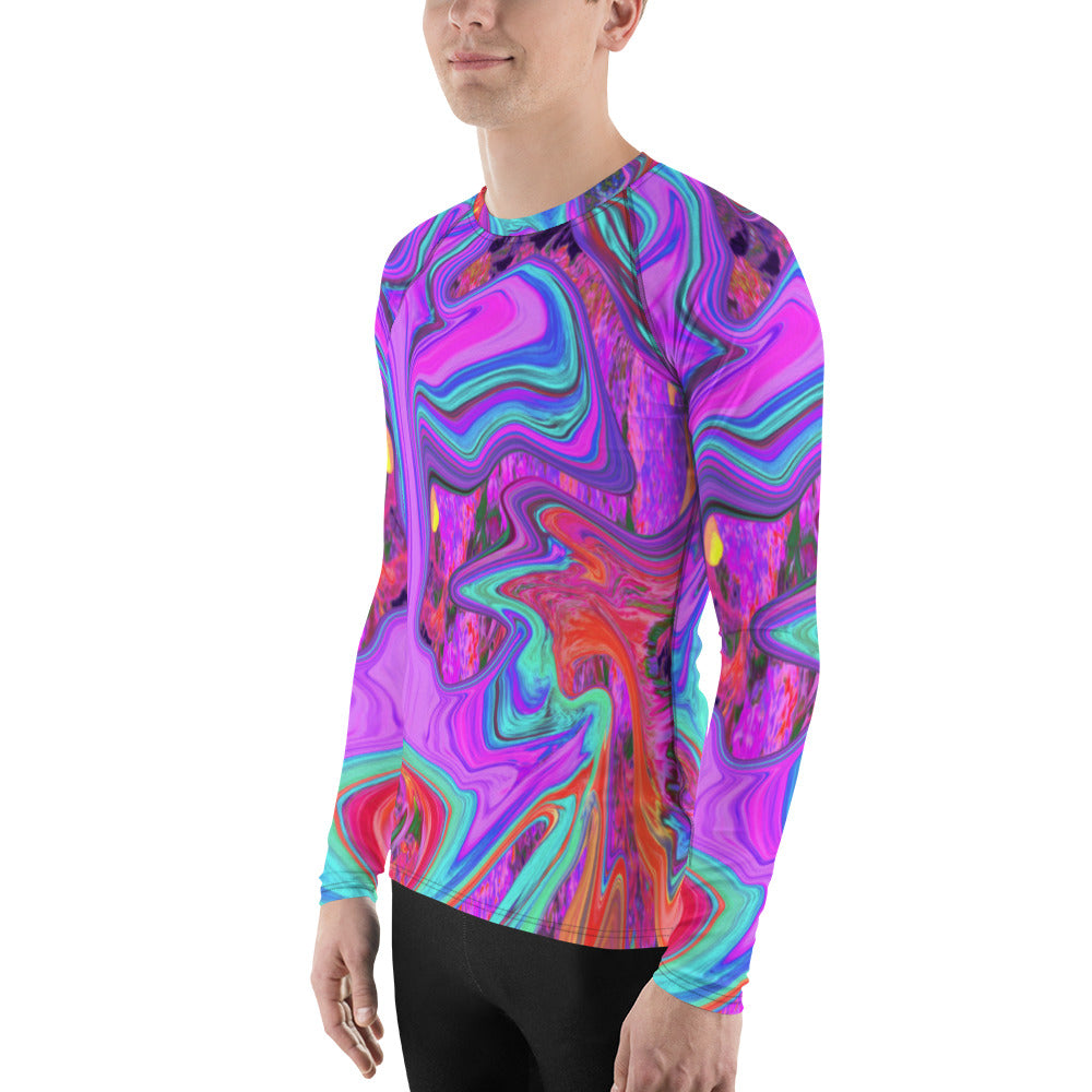 Men's Athletic Rash Guard Shirts, Retro Purple, Blue and Orange Abstract Liquid Art