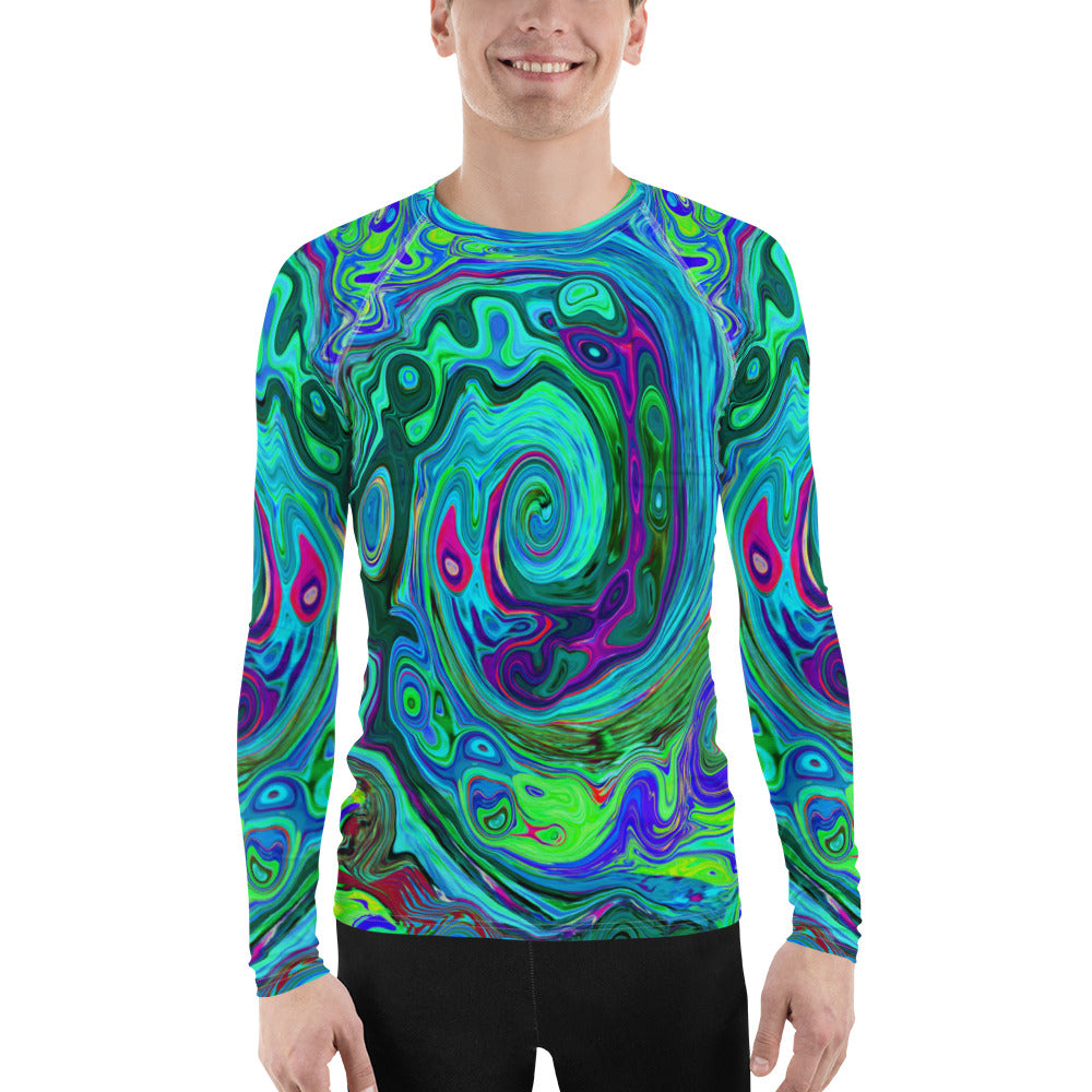 Men's Athletic Rash Guard Shirts, Groovy Abstract Retro Green and Blue Swirl