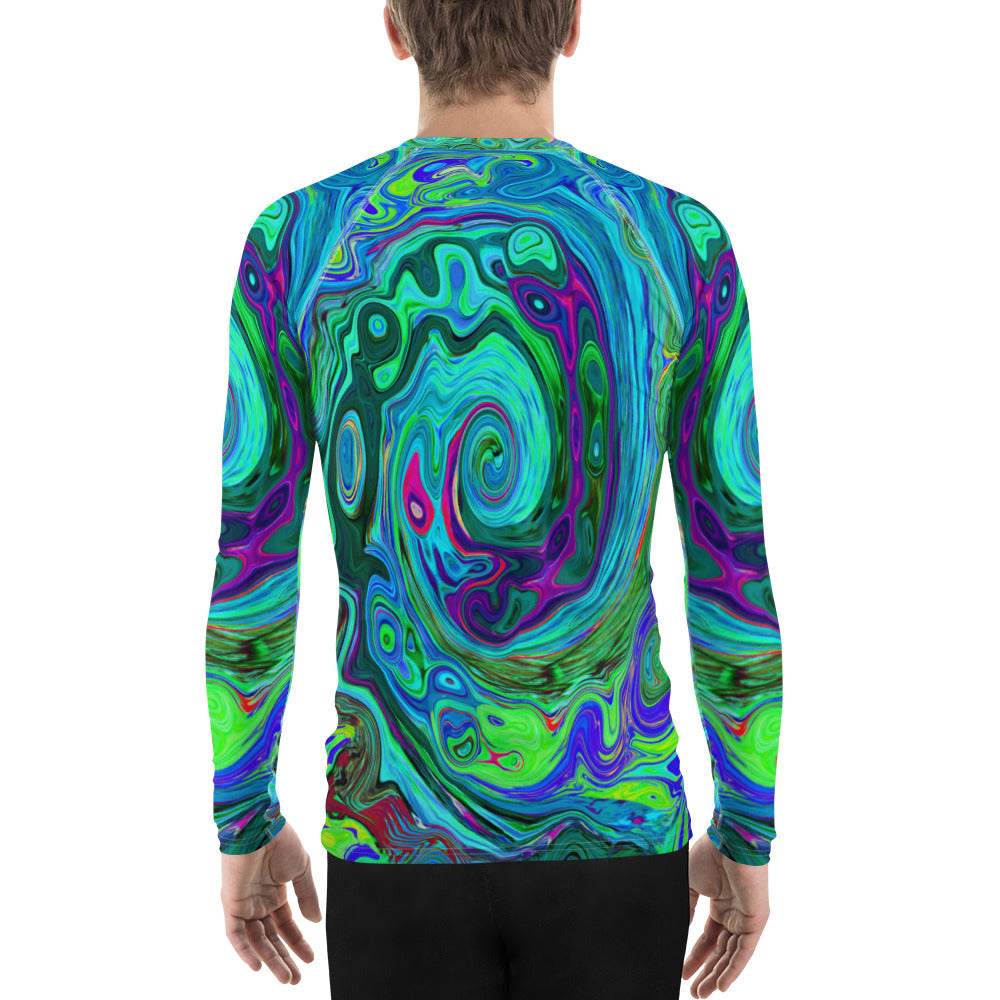 Men's Athletic Rash Guard Shirts, Groovy Abstract Retro Green and Blue Swirl