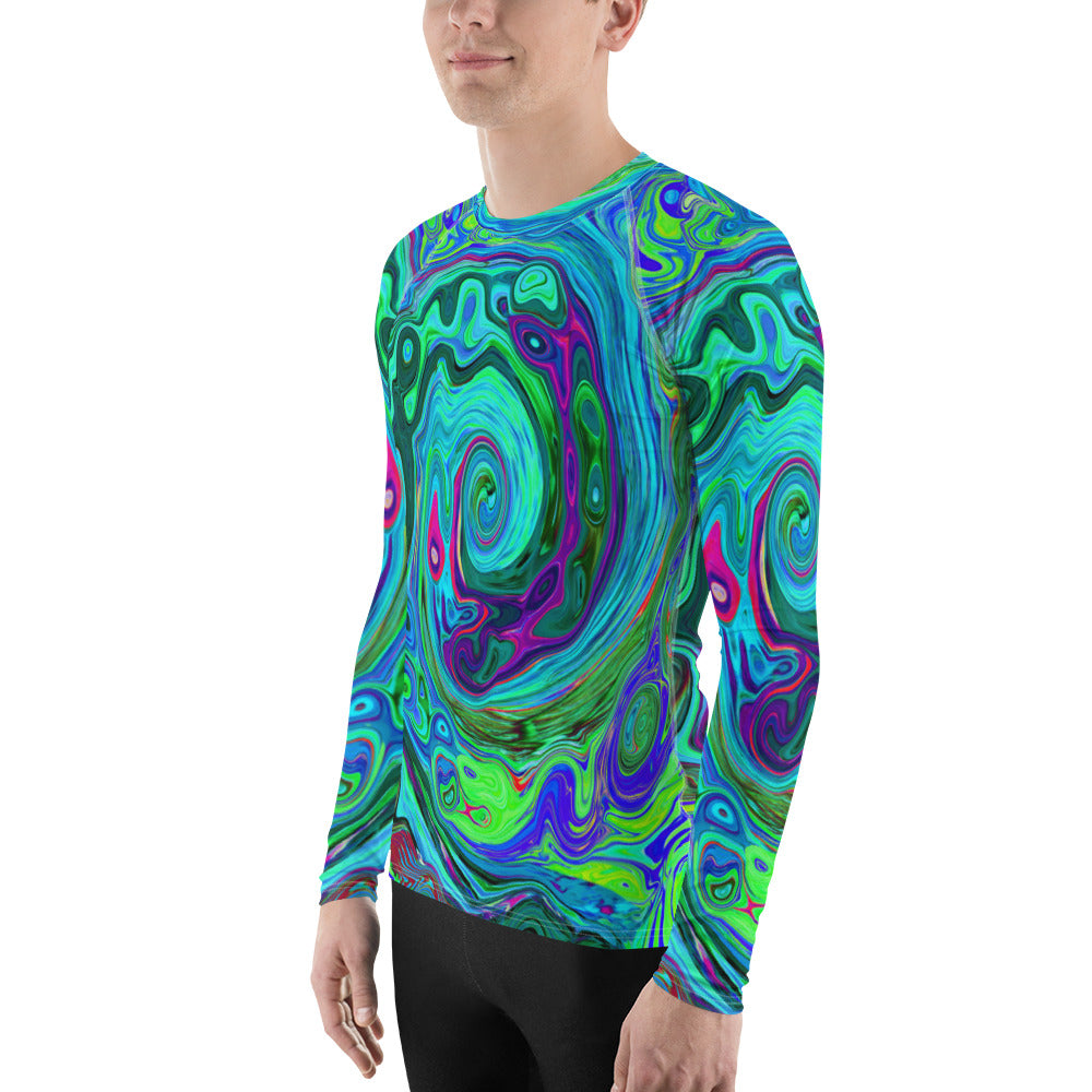 Men's Athletic Rash Guard Shirts, Groovy Abstract Retro Green and Blue Swirl