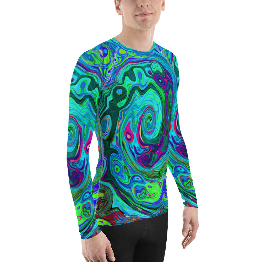 Men's Athletic Rash Guard Shirts, Groovy Abstract Retro Green and Blue Swirl