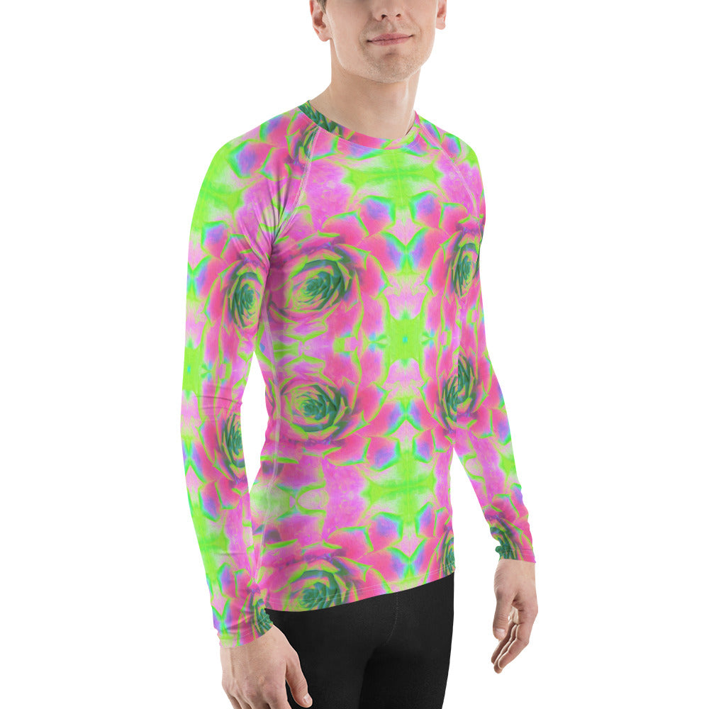 Men's Athletic Rash Guard Shirts, Sedum Rosette Pattern in Lime Green and Pink