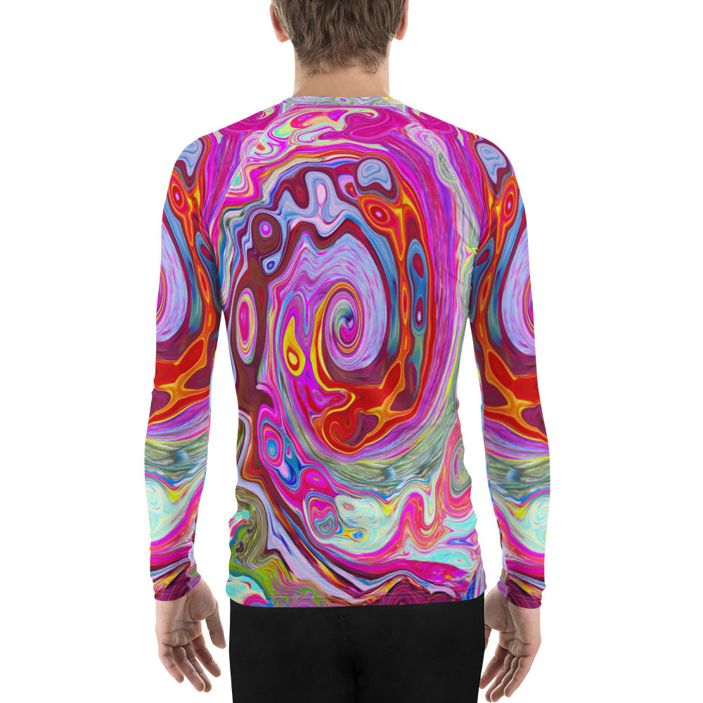Men's Athletic Rash Guard Shirts, Groovy Abstract Retro Hot Pink and Blue Swirl