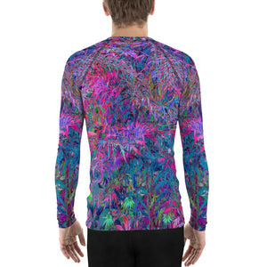 Men's Athletic Rash Guard Shirts, Abstract Psychedelic Rainbow Colors Foliage Garden