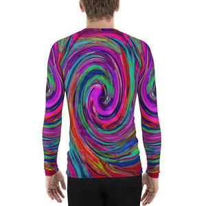 Men's Athletic Rash Guard Shirts, Groovy Abstract Retro Magenta Dark Rainbow Swirl