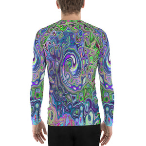 Men's Athletic Rash Guard Shirts, Marbled Lime Green and Purple Abstract Retro Swirl