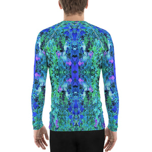 Men's Athletic Rash Guard, Abstract Chartreuse and Blue Garden Foliage Pattern