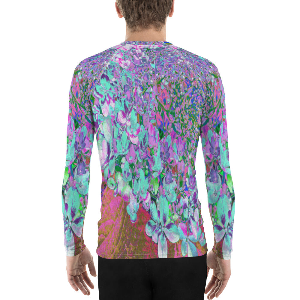 Men's Athletic Rash Guard Shirts, Elegant Aqua and Purple Limelight Hydrangea Detail