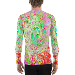 Men's Athletic Rash Guard Shirts, Groovy Abstract Retro Pastel Green Liquid Swirl