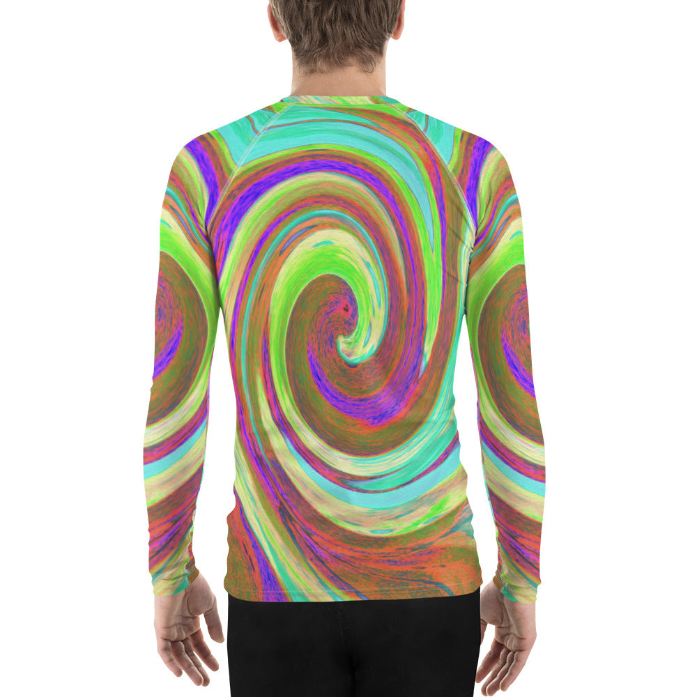 Men's Athletic Rash Guard Shirts, Cool Retro Autumn Colors Liquid Art Swirl Painting