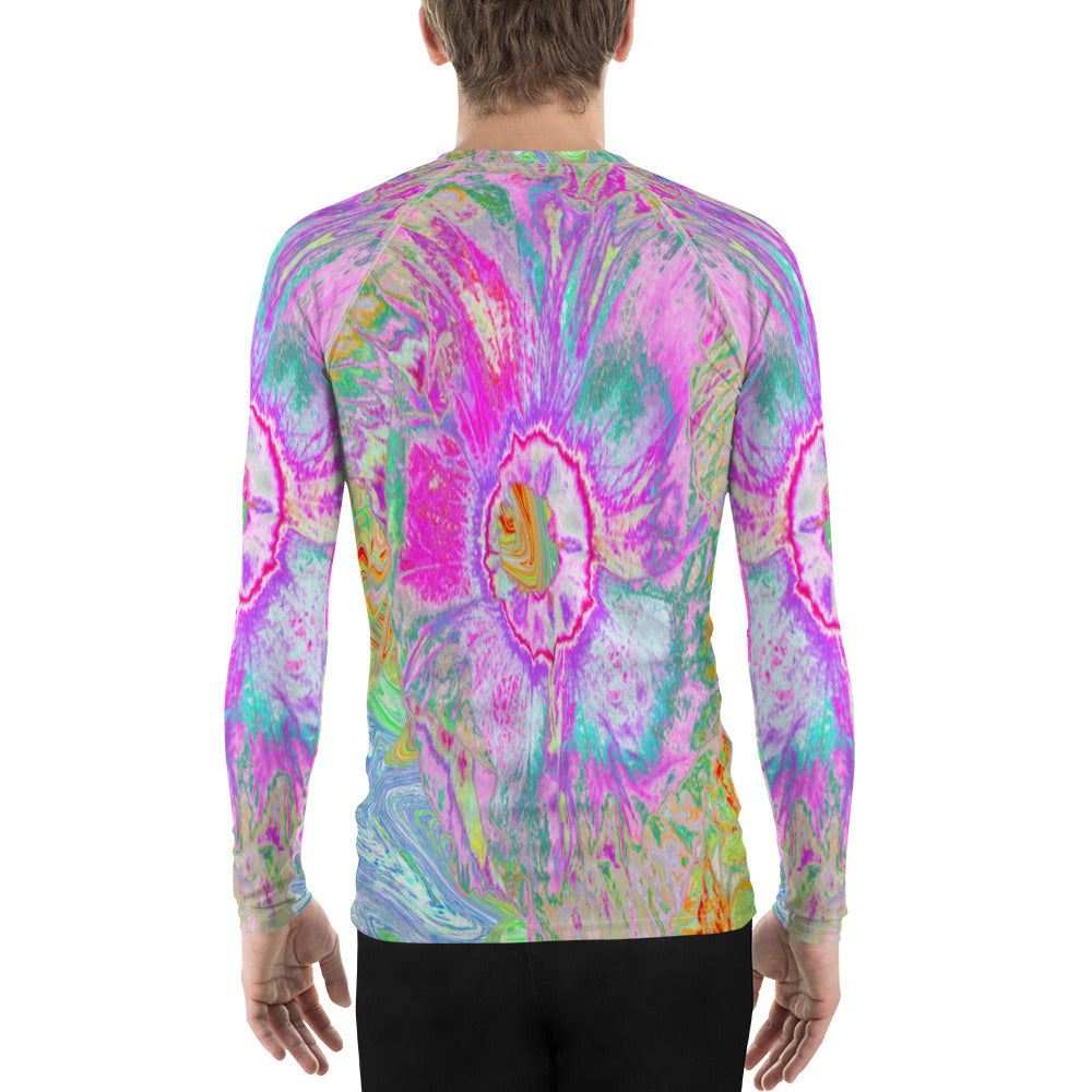 Men's Athletic Rash Guard Shirts, Psychedelic Hot Pink and Ultra-Violet Hibiscus